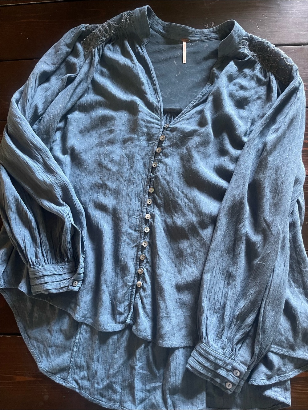 Free People Slate Blue Button-Down Peasant Blouse